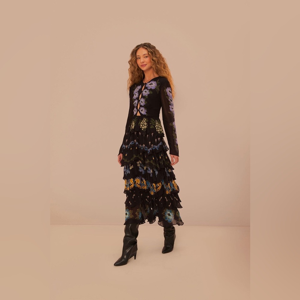 Farm Rio Floral Embroidered Ruffle Maxi Dress - Picture 2 of 6
